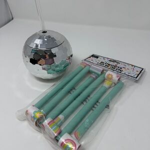 Silver Disco Ball Cup with Teal Party Blowers